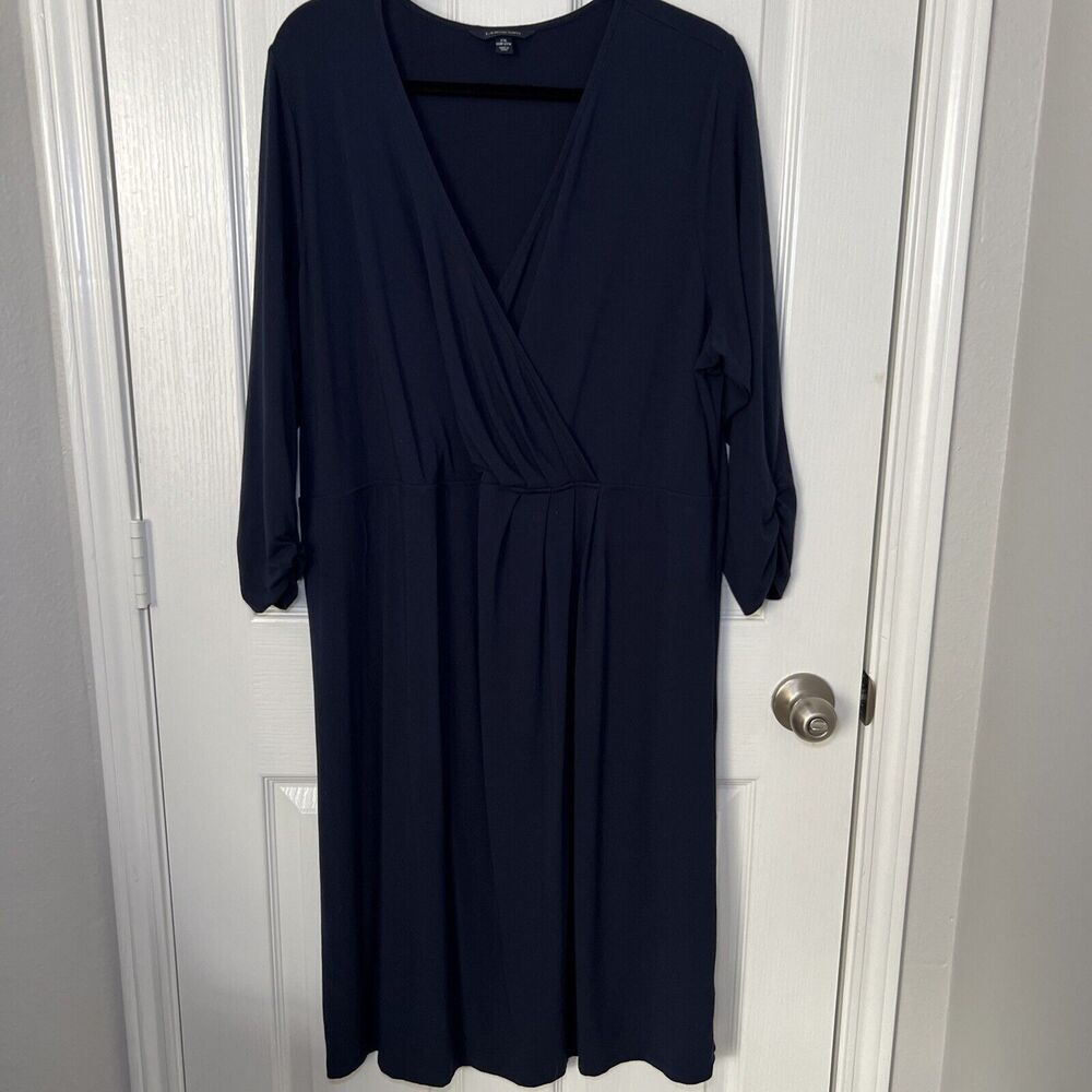 Lands End Knit Dress Womens Size 2X (20W-22W) Navy Blue 3/4 Sleeve Cross Front